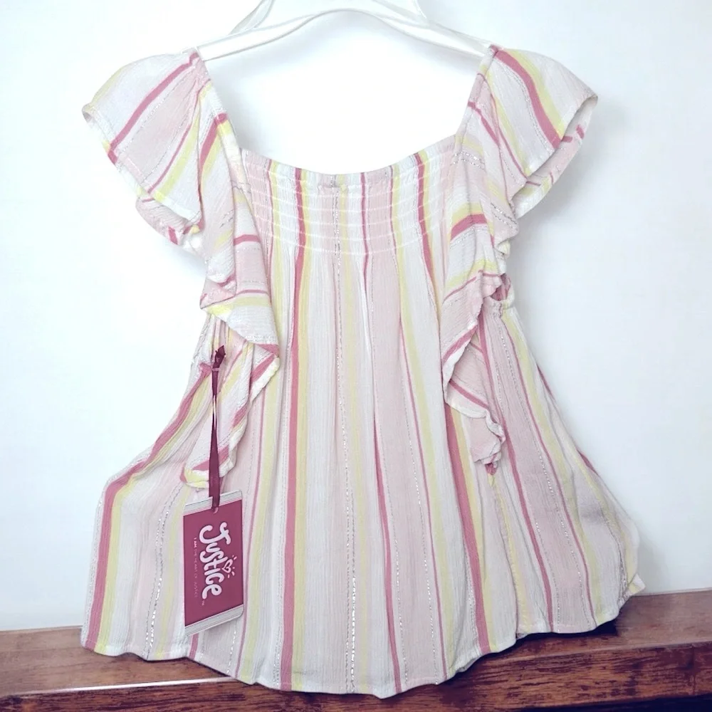 Justice Rose Water Striped Blouse with Ruffle Sleeves